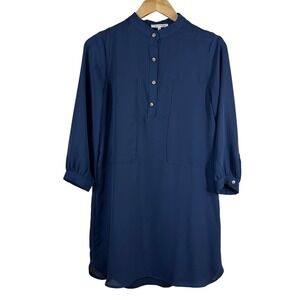 Monteau Los Angeles Navy Blue Mandarin Collar Shift Dress 3/4 Sleeve Small 57834